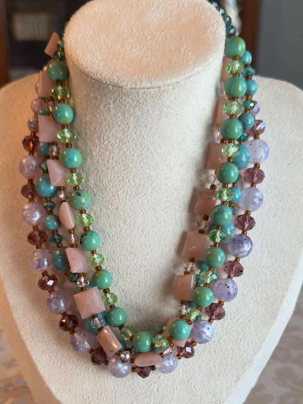 Pastel Multi-Strand Beaded Necklace in Pink, Green & Lavender - Picture 2 of 7